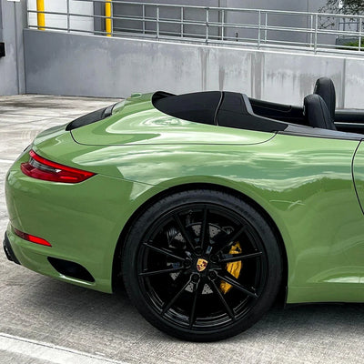 High Gloss French Olive Green Vinyl Wrap on Porsche Quarter Panel View