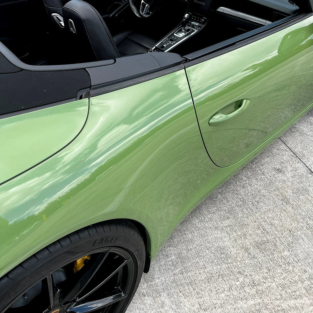 High Gloss French Olive Green Vinyl Wrap on Porsche Side View