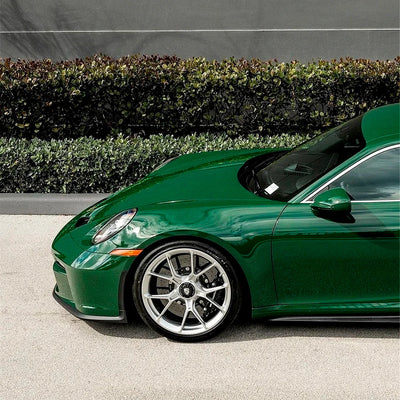High Gloss Amphibian Green Vinyl Wrap on Porsche Fender View