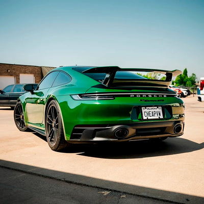 High Gloss Amphibian Green Vinyl Wrap on Porsche Back View