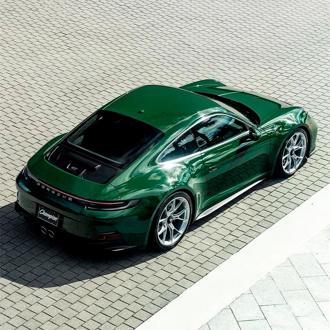 High Gloss Amphibian Green Vinyl Wrap on Porsche Top View