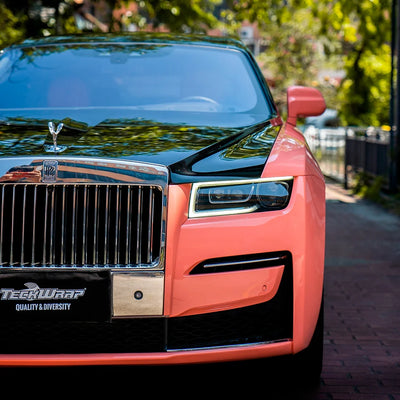 High Gloss Amber Rose Vinyl Wrap on Rolls Royce Front Close-Up