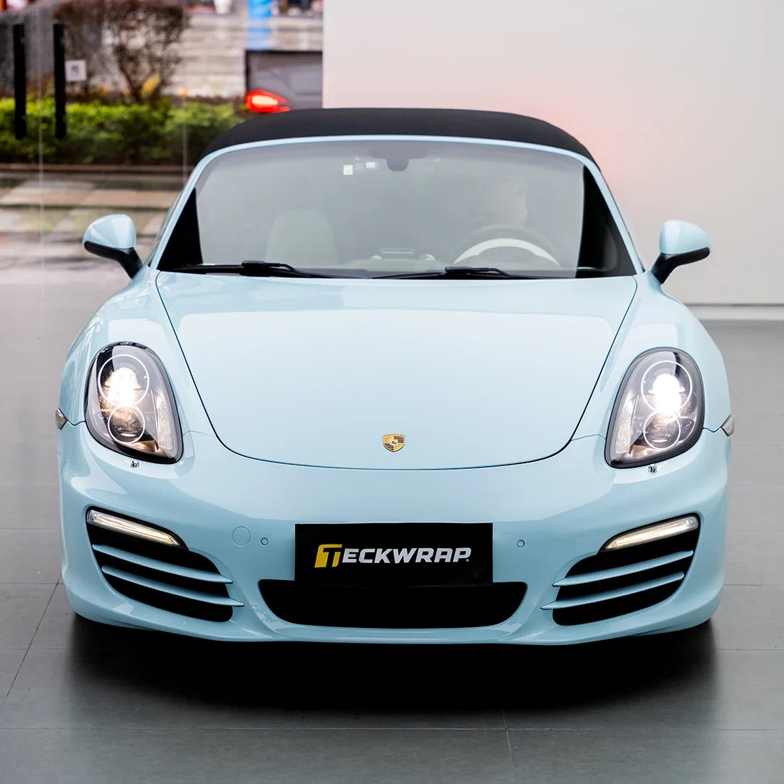 High Gloss Bali Blue Vinyl Wrap on Porsche Front Top View