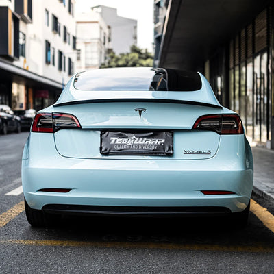 High Gloss Bali Blue Vinyl Wrap on Tesla Rear View