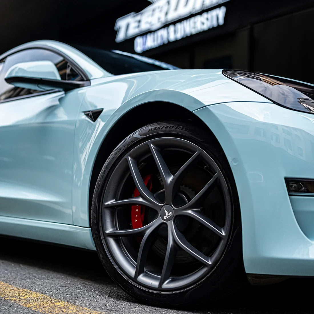High Gloss Bali Blue Vinyl Wrap on Tesla Fender Close-Up
