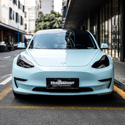 High Gloss Bali Blue Vinyl Wrap on Tesla Front View