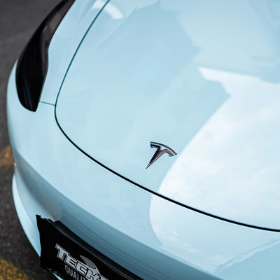 High Gloss Bali Blue Vinyl Wrap on Tesla Front View