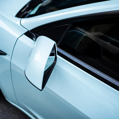 High Gloss Bali Blue Vinyl Wrap on Tesla Mirror Close-Up
