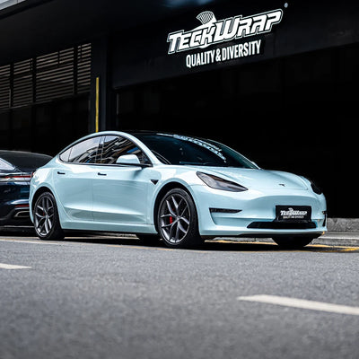 High Gloss Bali Blue Vinyl Wrap on Tesla Tyre View