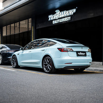 High Gloss Bali Blue Vinyl Wrap on Tesla Rear View