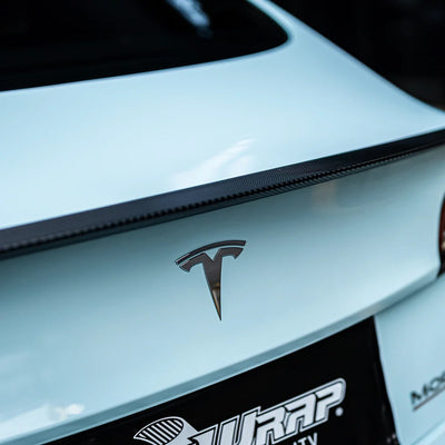 High Gloss Bali Blue Vinyl Wrap on Tesla Trunk View