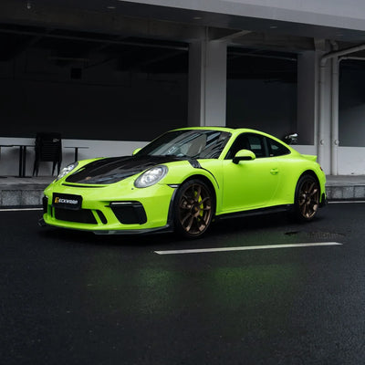 High Gloss Gecko Green Vinyl Wrap on Porsche 911 Side Angle View
