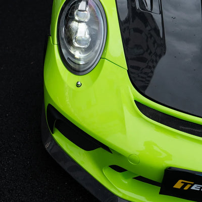 High Gloss Gecko Green Vinyl Wrap on Porsche 911 Front Close-Up