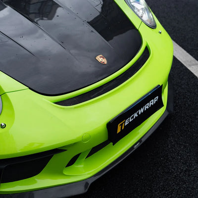 High Gloss Gecko Green Vinyl Wrap on Porsche 911 Hood Close-Up