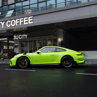 High Gloss Gecko Green Vinyl Wrap on Porsche 911 Side Angle View