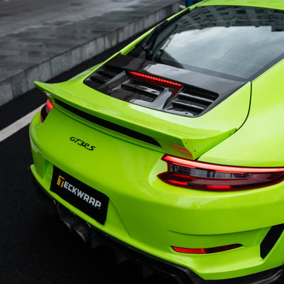High Gloss Gecko Green Vinyl Wrap on Porsche 911 Rear Angle View