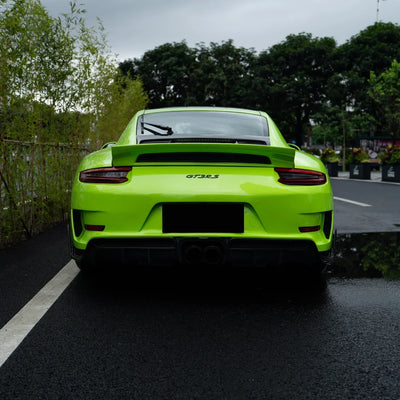 High Gloss Gecko Green Vinyl Wrap on Porsche 911 Front Angle View