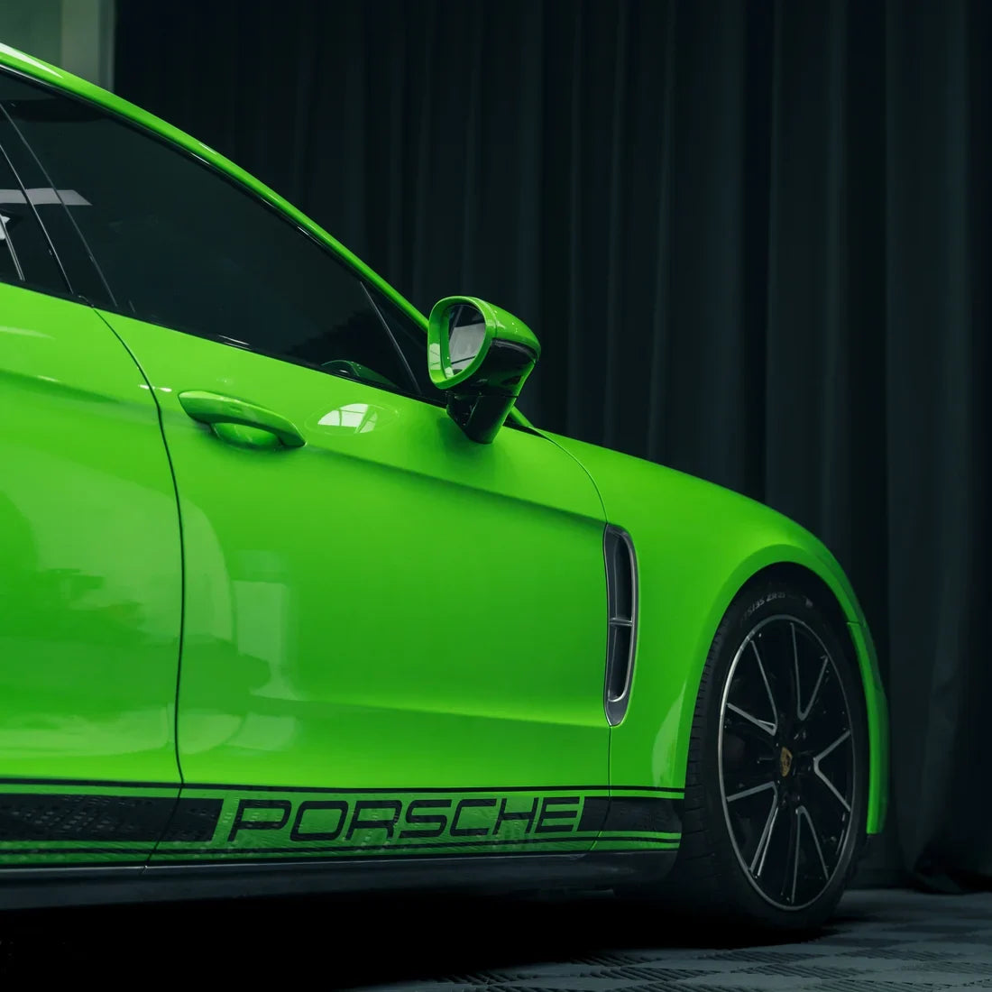 High Gloss Gecko Green Vinyl Wrap on Porsche Hood Close-Up