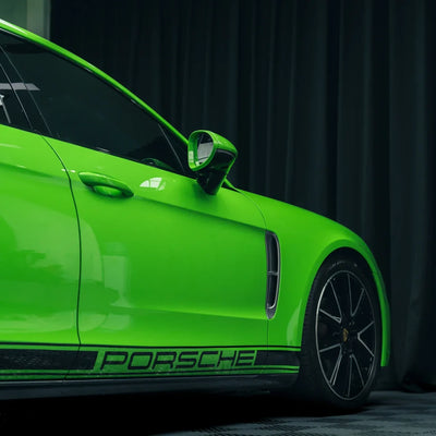 High Gloss Gecko Green Vinyl Wrap on Porsche Hood Close-Up
