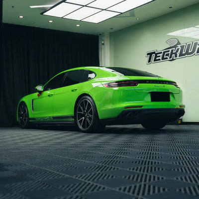 High Gloss Gecko Green Vinyl Wrap on Porsche Rear Angle View