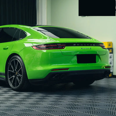 High Gloss Gecko Green Vinyl Wrap on Porsche Front Angle View