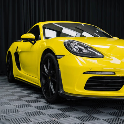 High Gloss Louvre Yellow Vinyl Wrap on Porsche Side Angle View