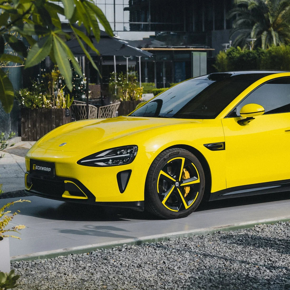 High Gloss Louvre Yellow Vinyl Wrap on Xiaomi Front Angle View