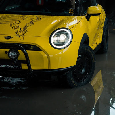 High Gloss Sunray Yellow Vinyl Wrap on Mini Cooper Front Close-Up