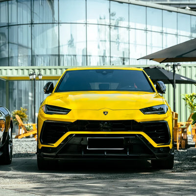 High Gloss Sunray Yellow Vinyl Wrap on Lamborghini Urus Front View
