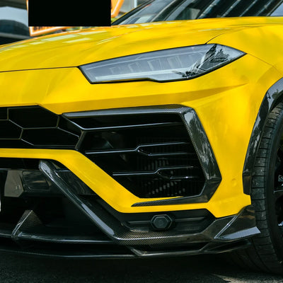 High Gloss Sunray Yellow Vinyl Wrap on Lamborghini Urus Front Grille Close-Up