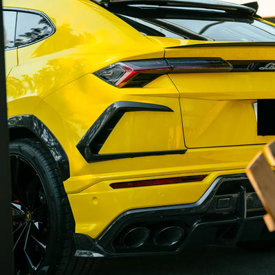 High Gloss Sunray Yellow Vinyl Wrap on Lamborghini Urus Rear Close-Up