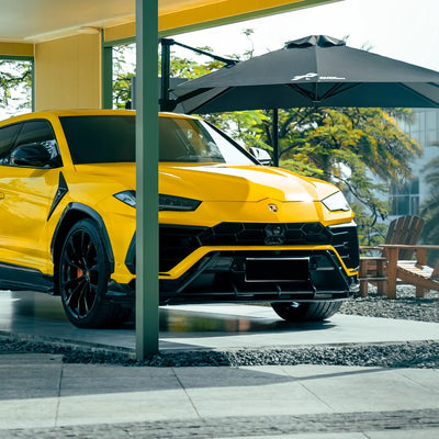High Gloss Sunray Yellow Vinyl Wrap on Lamborghini Urus Front Angle