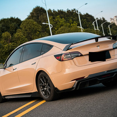 High Gloss Sahara Beige Vinyl Wrap on Tesla Side View