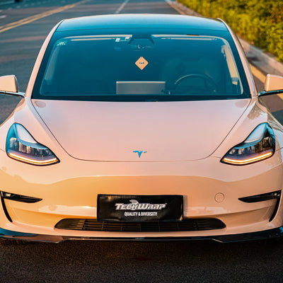 High Gloss Sahara Beige Vinyl Wrap on Tesla front view