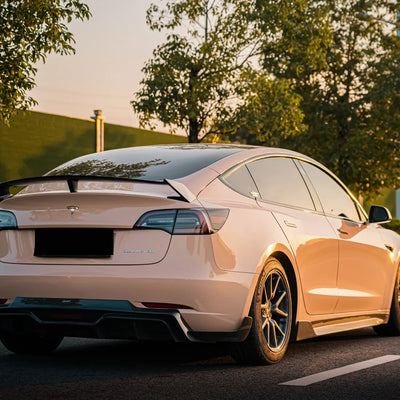 High Gloss Sahara Beige Vinyl Wrap on Tesla side view