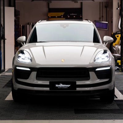 High Gloss Vintage Grey Vinyl Wrap on Porsche front