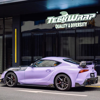 Toyota Supra showcasing a Spanish Lavender high gloss vinyl wrap finish.
