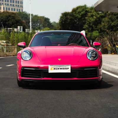 Porsche with High Gloss Berry Red Vinyl Wrap