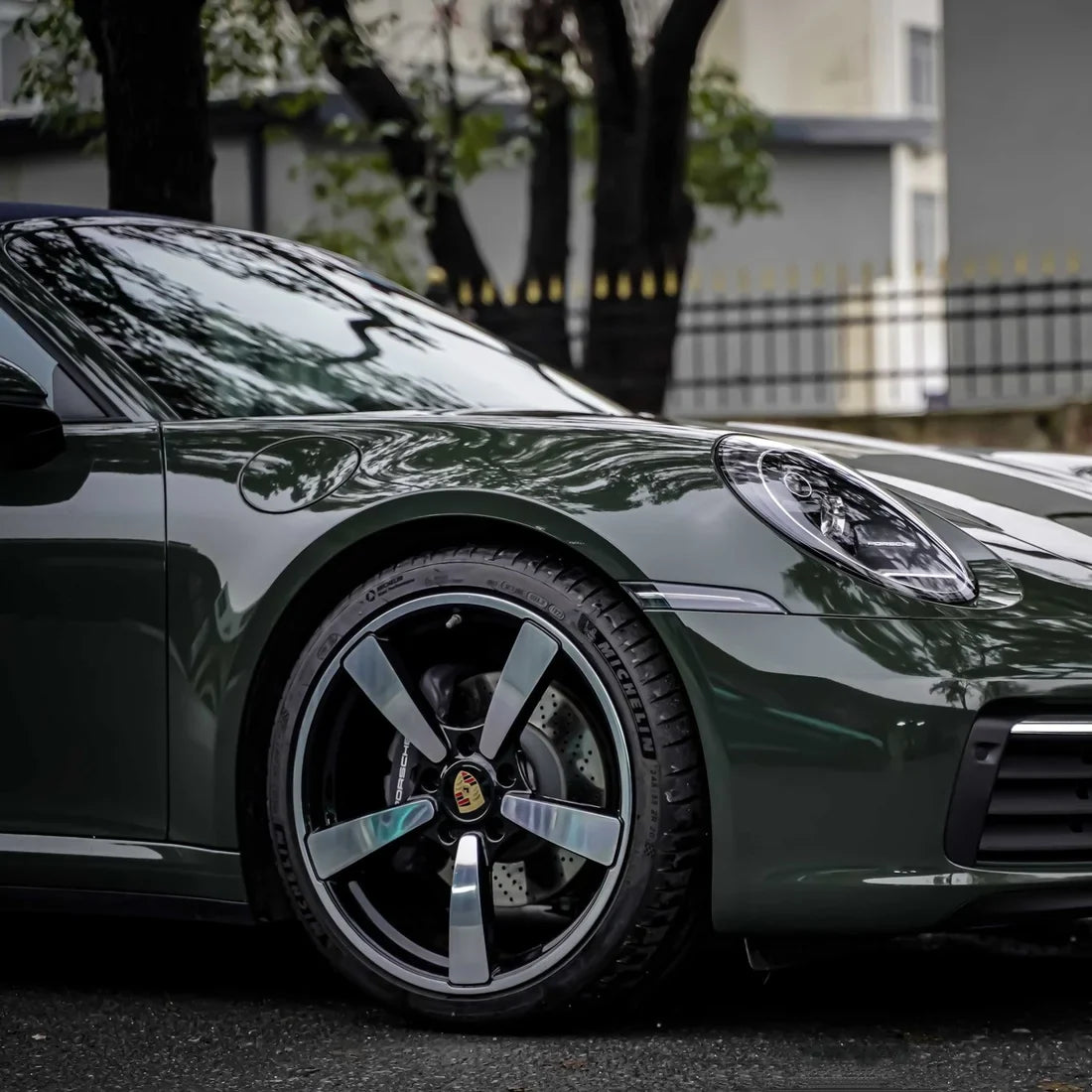 customize Porsche High Gloss Camouflage Green Vinyl Wrap