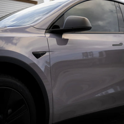 Tesla showcasing High Gloss Wild Dove Vinyl Wrap Side Mirror.