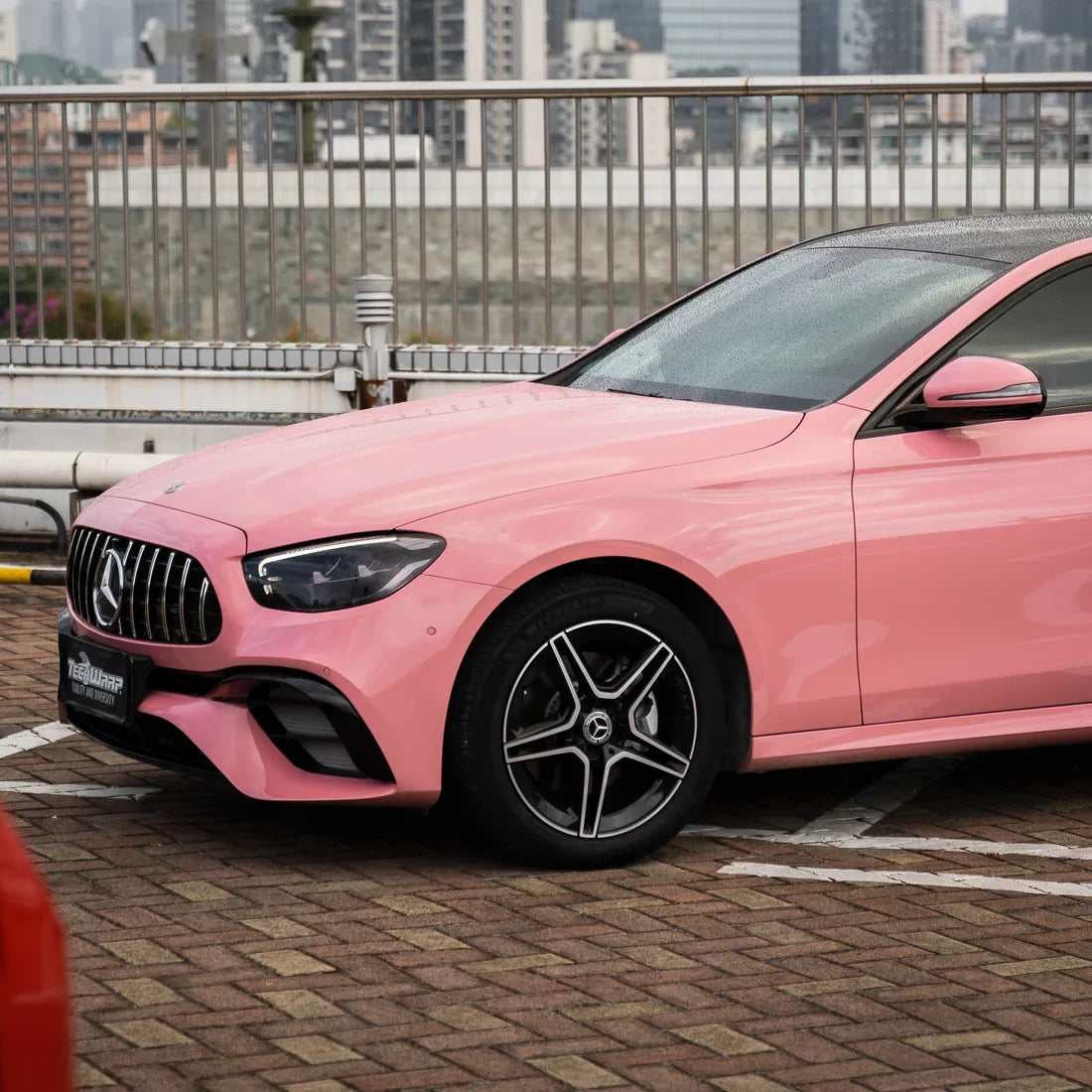 Mercedes AMG High Gloss Flamingo Pink Vinyl Wrap Side View