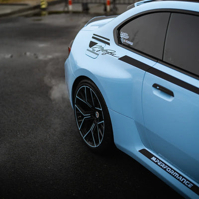 High Gloss Baby Blue Vinyl Wrap on BMW side panel