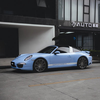 High Gloss Baby Blue Vinyl Wrap on Porsche side