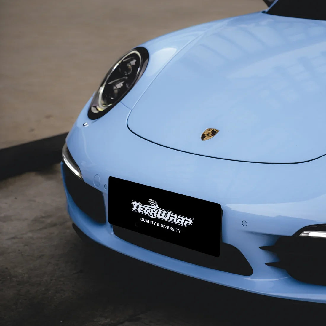 High Gloss Baby Blue Vinyl Wrap on Porsche hood