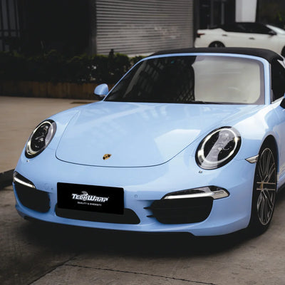 High Gloss Baby Blue Vinyl Wrap on Porsche front