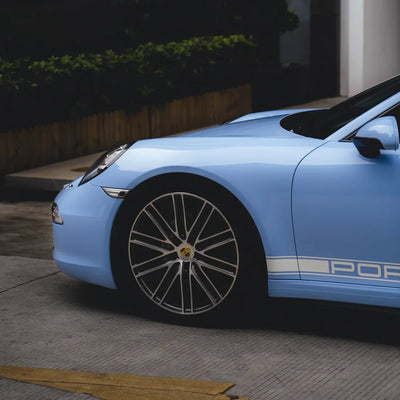 High Gloss Baby Blue Vinyl Wrap on Porsche wheel