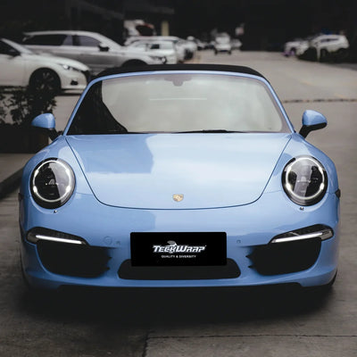 High Gloss Baby Blue Vinyl Wrap on Porsche front