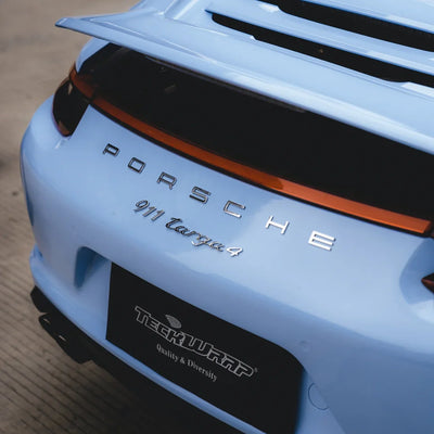 High Gloss Baby Blue Vinyl Wrap on Porsche rear