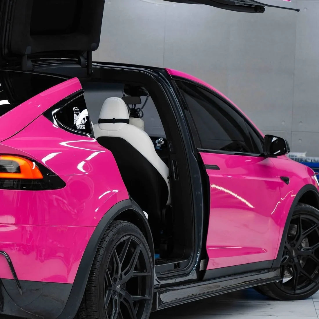 High Gloss Sorbet Pink Vinyl Wrap Tesla finish.