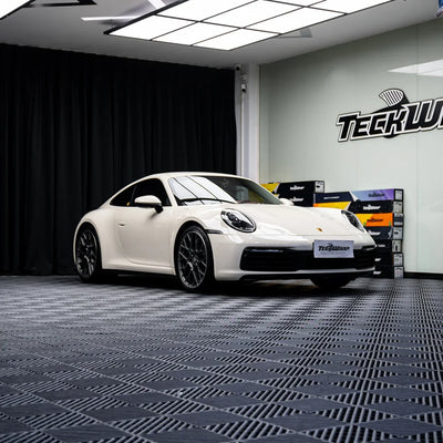 High Gloss Vanilla Mist Vinyl Wrap finish on Porsche